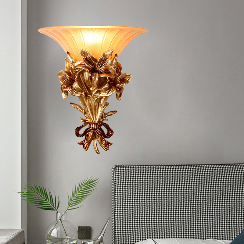 Pink/Gold 1 Light Wall Sconce Retro Resin Floral Wall Mounted Lamp with Trumpet Glass Shade Clearhalo 'Wall Lamps & Sconces' 'Wall Lights' Lighting' 268350