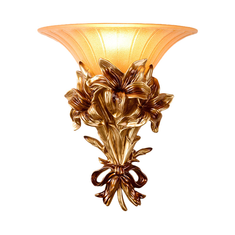 Pink/Gold 1 Light Wall Sconce Retro Resin Floral Wall Mounted Lamp with Trumpet Glass Shade Clearhalo 'Wall Lamps & Sconces' 'Wall Lights' Lighting' 268352