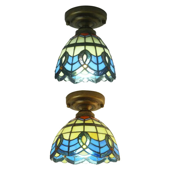 Stained Glass Ceiling Light Flush Mount, Mini Semi Flush Light in Blue with Bell Shade Baroque Style Clearhalo 'Ceiling Lights' 'Close To Ceiling Lights' 'Close to ceiling' 'Glass shade' 'Glass' 'Semi-flushmount' 'Tiffany close to ceiling' 'Tiffany' Lighting' 2684