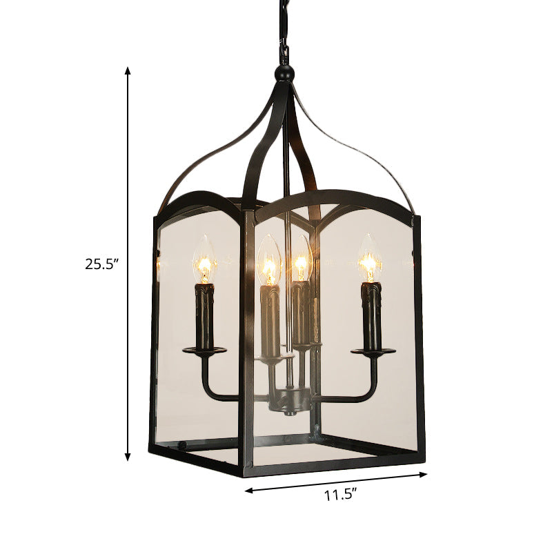 Wire Cage Indoor Chandelier Pendant Light Industrial Style Metal 4 Heads Black Hanging Lamp with Glass Panes Clearhalo 'Ceiling Lights' 'Chandeliers' Lighting' options 268669