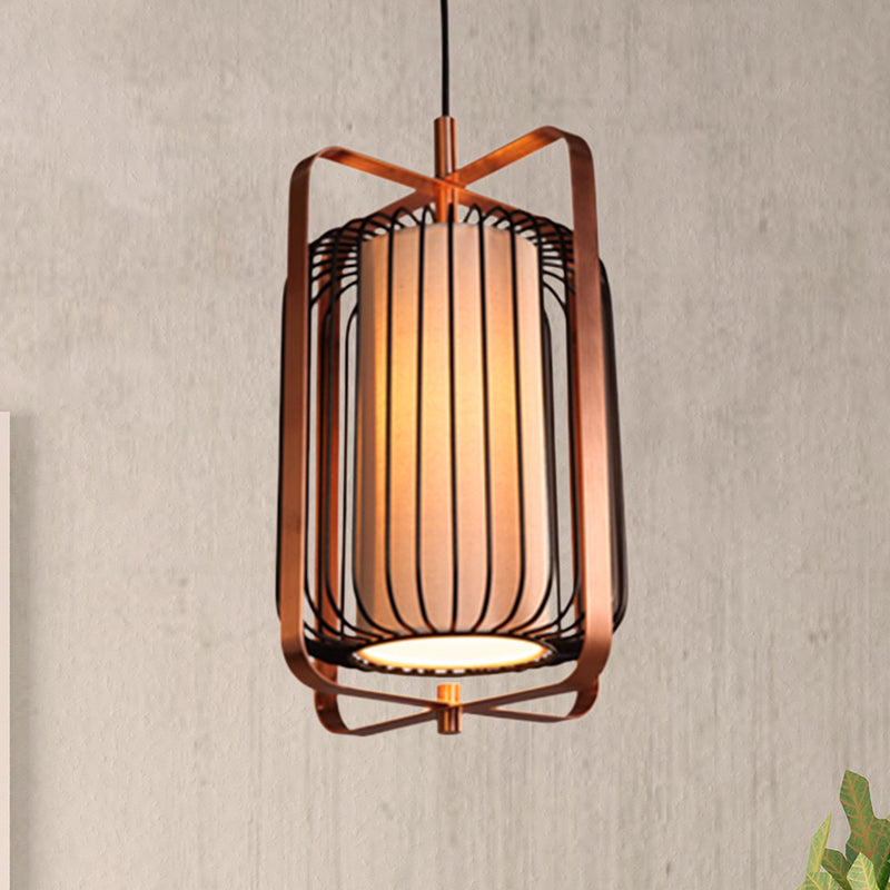 Cylinder/Barrel/Drum Cage Metal Pendant Light Fixture Vintage 1 Light Living Room Black Hanging Lighting with Inner Fabric Shade Clearhalo 'Ceiling Lights' 'Pendant Lights' 'Pendants' Lighting' 268699