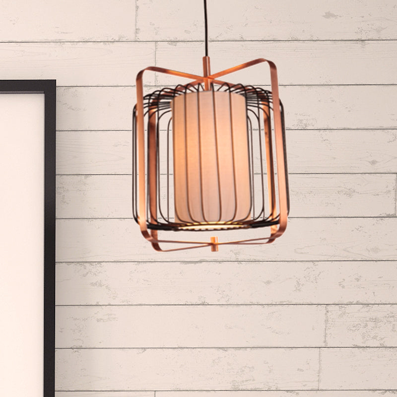 Cylinder/Barrel/Drum Cage Metal Pendant Light Fixture Vintage 1 Light Living Room Black Hanging Lighting with Inner Fabric Shade Clearhalo 'Ceiling Lights' 'Pendant Lights' 'Pendants' Lighting' 268705