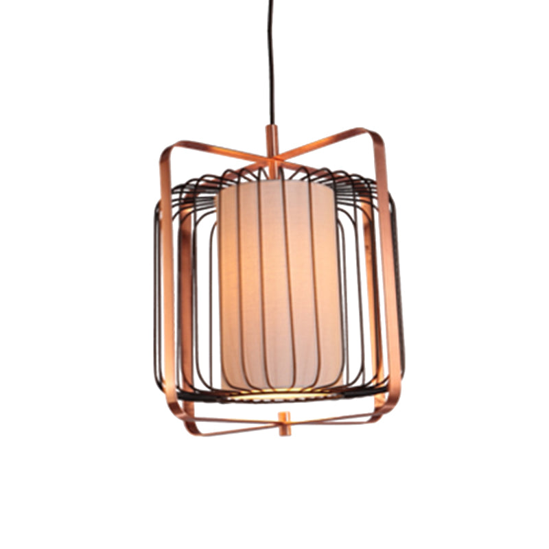 Cylinder/Barrel/Drum Cage Metal Pendant Light Fixture Vintage 1 Light Living Room Black Hanging Lighting with Inner Fabric Shade Clearhalo 'Ceiling Lights' 'Pendant Lights' 'Pendants' Lighting' 268707