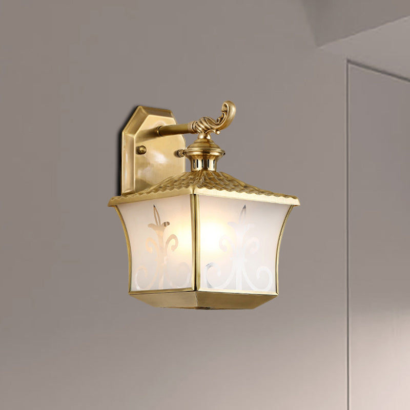 1 Bulb Lantern Wall Lamp Vintage Metal Sconce Lighting Fixture in Brass for Balcony Brass Clearhalo 'Wall Lamps & Sconces' 'Wall Lights' Lighting' 268892