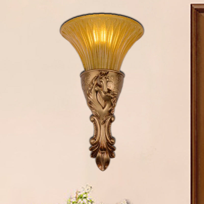 White/Gold Carved Sconce Lamp Colonization Metal 1 Bulb Wall Lighting Fixture with Flared Amber Glass Shade Clearhalo 'Wall Lamps & Sconces' 'Wall Lights' Lighting' 268951