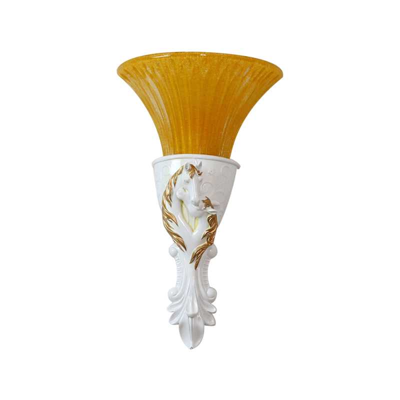White/Gold Carved Sconce Lamp Colonization Metal 1 Bulb Wall Lighting Fixture with Flared Amber Glass Shade Clearhalo 'Wall Lamps & Sconces' 'Wall Lights' Lighting' 268958