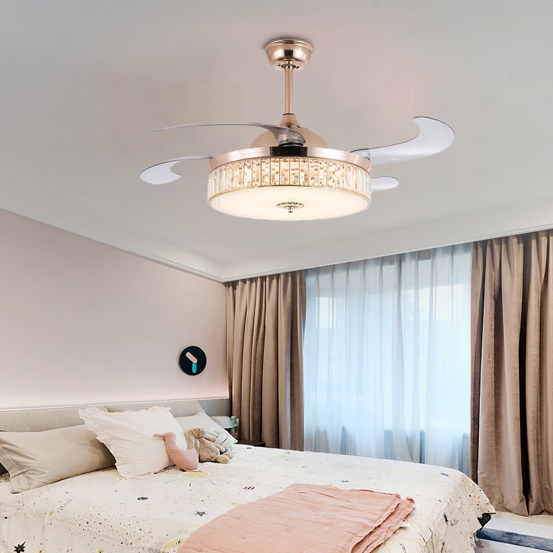 Cylinder Ceiling Fan Light Contemporary Crystal Gold LED Semi Mount Lighting with Remote Control/Wall Control/Remote Control and Wall Control, 15