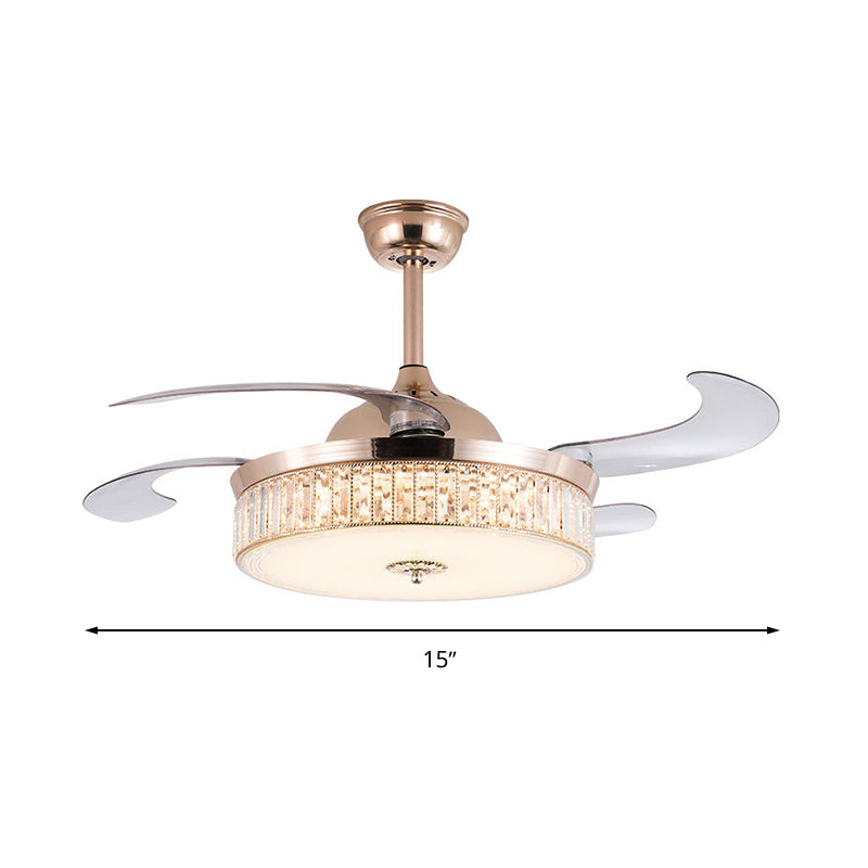 Cylinder Ceiling Fan Light Contemporary Crystal Gold LED Semi Mount Lighting with Remote Control/Wall Control/Remote Control and Wall Control, 15