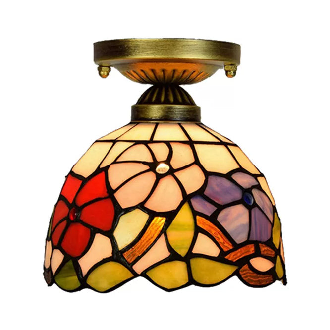 Stained Glass Ceiling Light for Bedroom, Tiffany Semi Flush Mount Light in Antique Brass with Floral Shade Clearhalo 'Ceiling Lights' 'Close To Ceiling Lights' 'Close to ceiling' 'Glass shade' 'Glass' 'Semi-flushmount' 'Tiffany close to ceiling' 'Tiffany' Lighting' 2692