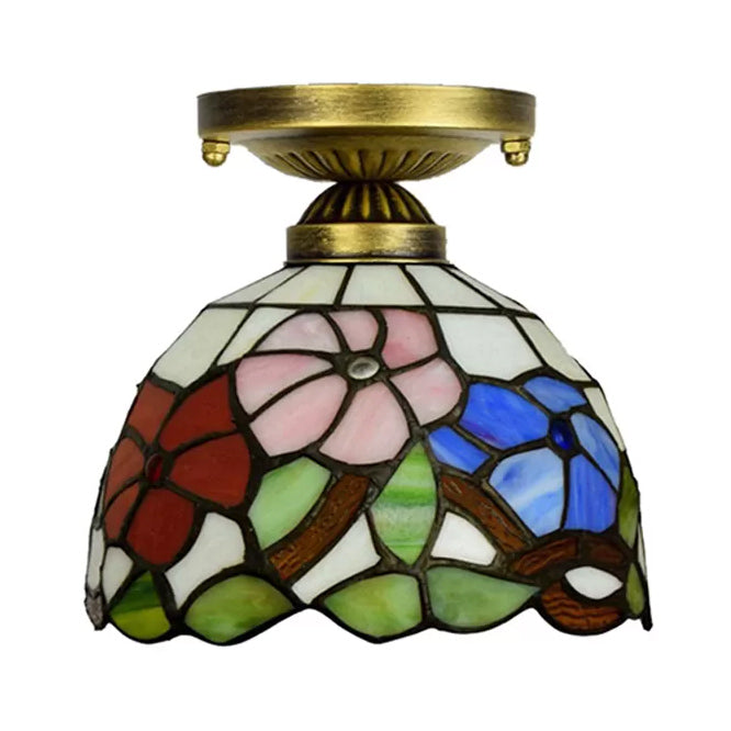 Stained Glass Ceiling Light for Bedroom, Tiffany Semi Flush Mount Light in Antique Brass with Floral Shade Clearhalo 'Ceiling Lights' 'Close To Ceiling Lights' 'Close to ceiling' 'Glass shade' 'Glass' 'Semi-flushmount' 'Tiffany close to ceiling' 'Tiffany' Lighting' 2693