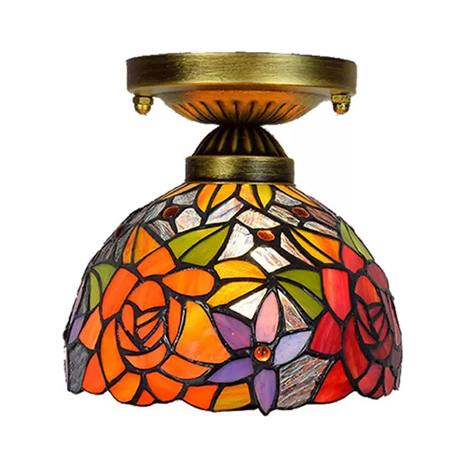 Stained Glass Ceiling Light for Bedroom, Tiffany Semi Flush Mount Light in Antique Brass with Floral Shade Clearhalo 'Ceiling Lights' 'Close To Ceiling Lights' 'Close to ceiling' 'Glass shade' 'Glass' 'Semi-flushmount' 'Tiffany close to ceiling' 'Tiffany' Lighting' 2695