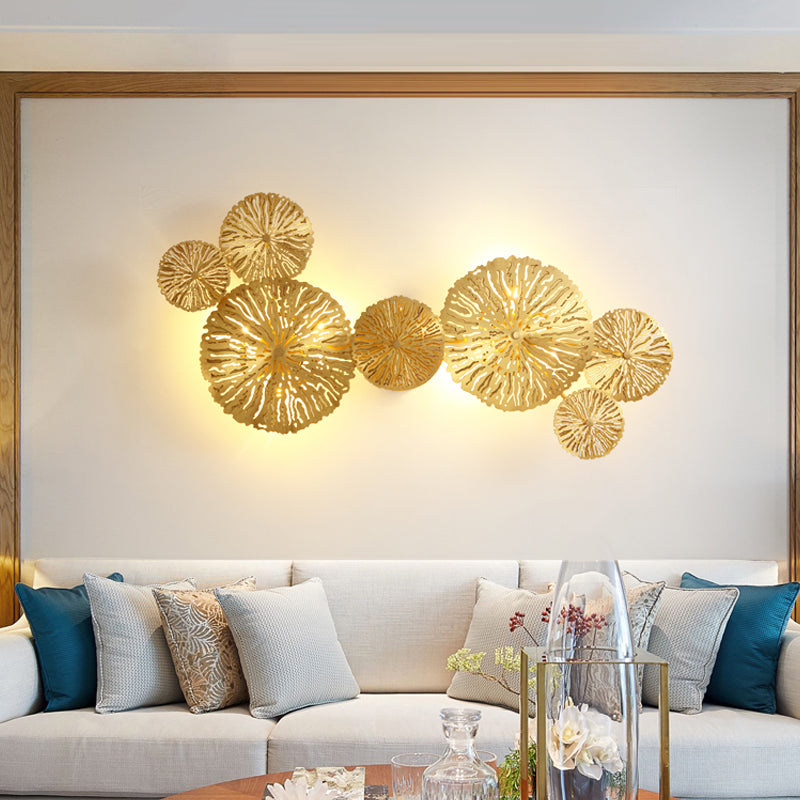 3/6/7 Heads Brass Wall Mount Lamp Asian Style Gold Finish Etched Lotus Leaf Wall Light Sconce Clearhalo 'Wall Lamps & Sconces' 'Wall Lights' Lighting' 269704