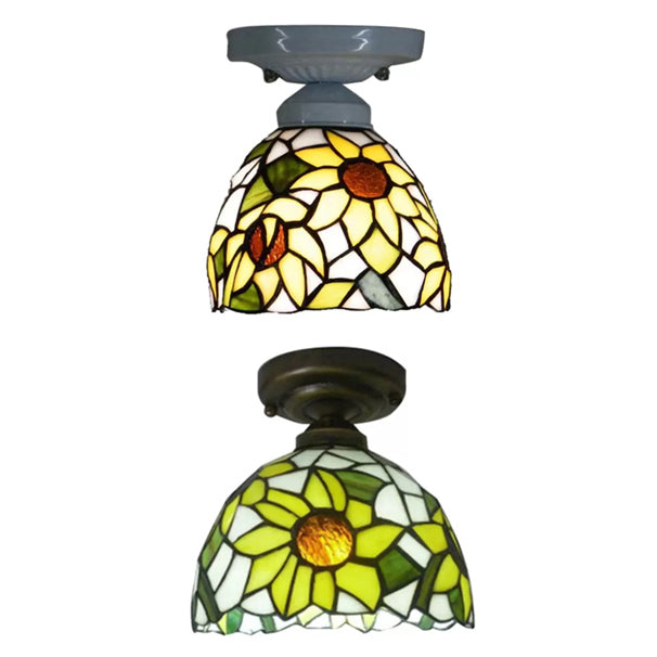 Stained Glass Ceiling Light, Tiffany Sunflower Semi Flush Light for Bedroom, 9