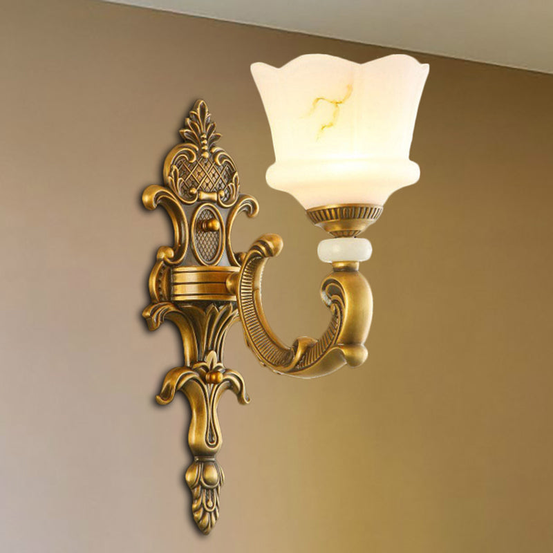 Vintage Style Petal Sconce Light Fixture 1/2-Light Opal Glass Wall Mounted Lamp in Brass for Bedroom Clearhalo 'Wall Lamps & Sconces' 'Wall Lights' Lighting' 270133