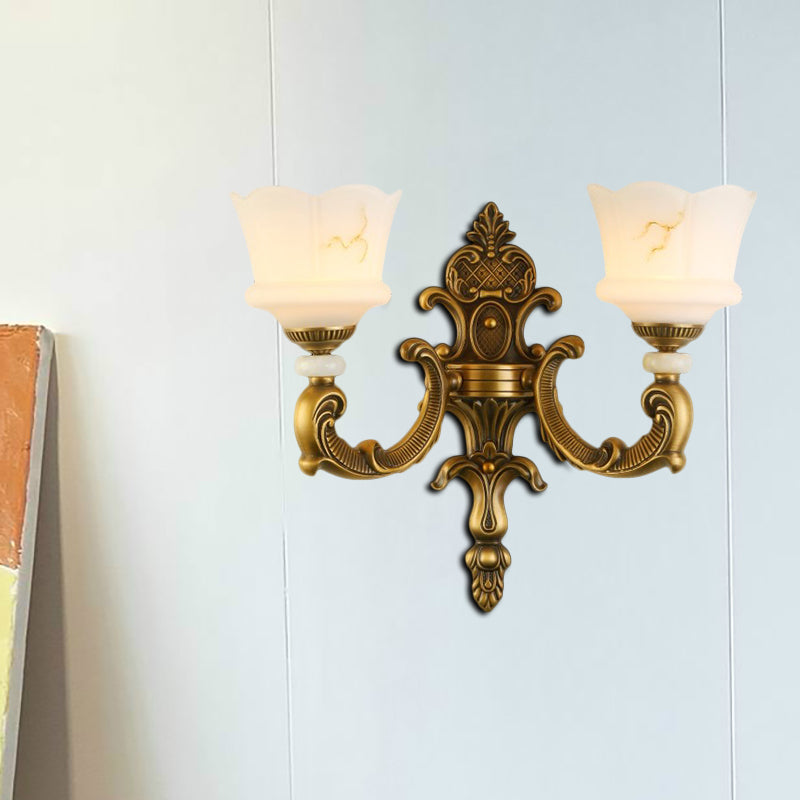 Vintage Style Petal Sconce Light Fixture 1/2-Light Opal Glass Wall Mounted Lamp in Brass for Bedroom Clearhalo 'Wall Lamps & Sconces' 'Wall Lights' Lighting' 270139
