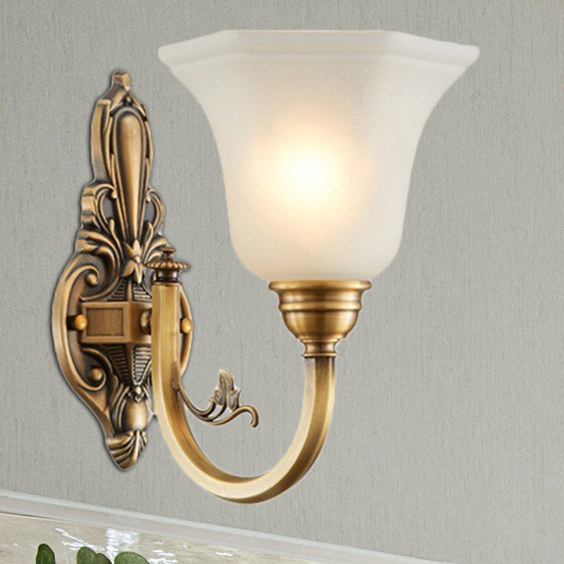 Vintage Curved Wall Mount Lamp 1/2-Head Brass Metallic Wall Sconce Light with White Glass Bell Shade Clearhalo 'Wall Lamps & Sconces' 'Wall Lights' Lighting' 270216