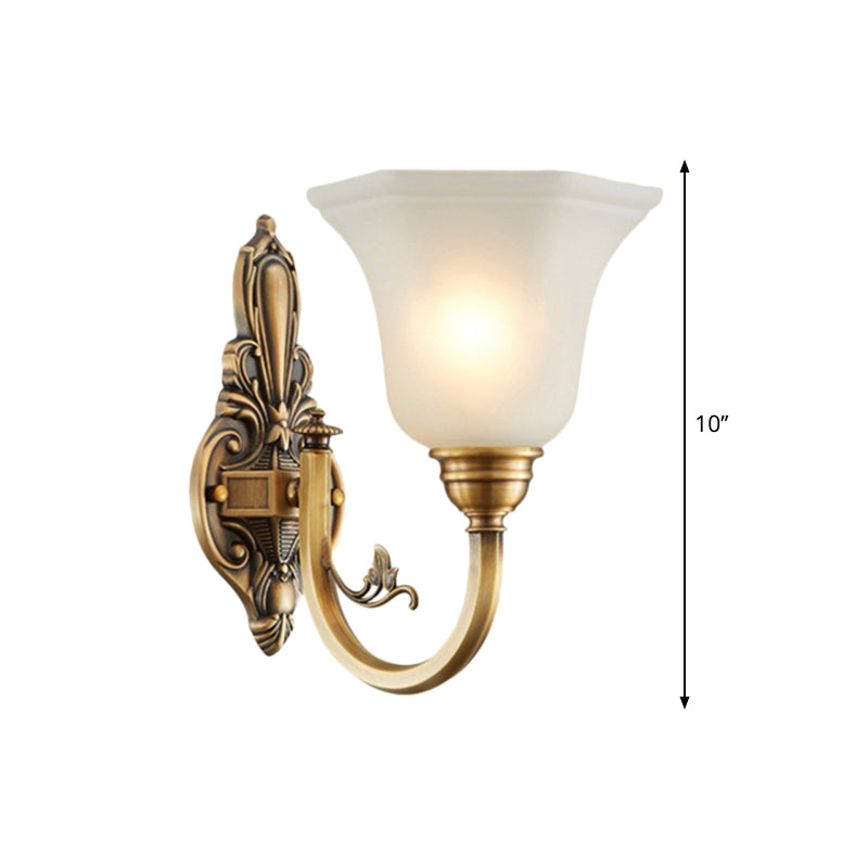 Vintage Curved Wall Mount Lamp 1/2-Head Brass Metallic Wall Sconce Light with White Glass Bell Shade Clearhalo 'Wall Lamps & Sconces' 'Wall Lights' Lighting' 270219
