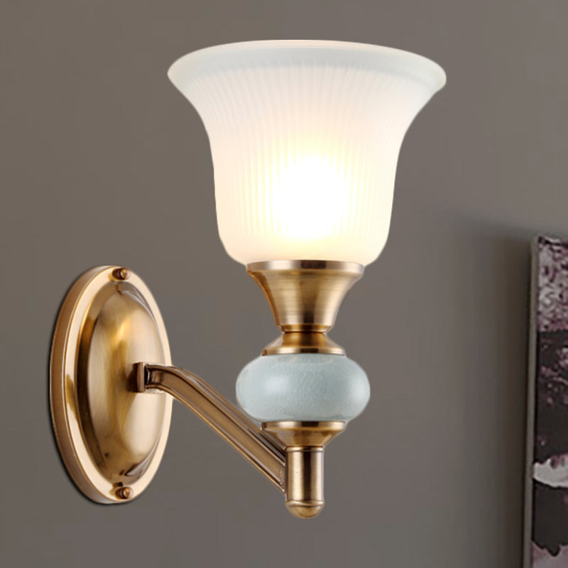 1/2-Head Wall Lighting Fixture with Bell Shade Frosted Glass Vintage Bedroom Wall Light in Brass Clearhalo 'Wall Lamps & Sconces' 'Wall Lights' Lighting' 270270