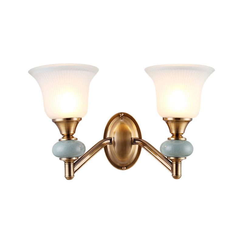 1/2-Head Wall Lighting Fixture with Bell Shade Frosted Glass Vintage Bedroom Wall Light in Brass Clearhalo 'Wall Lamps & Sconces' 'Wall Lights' Lighting' 270277