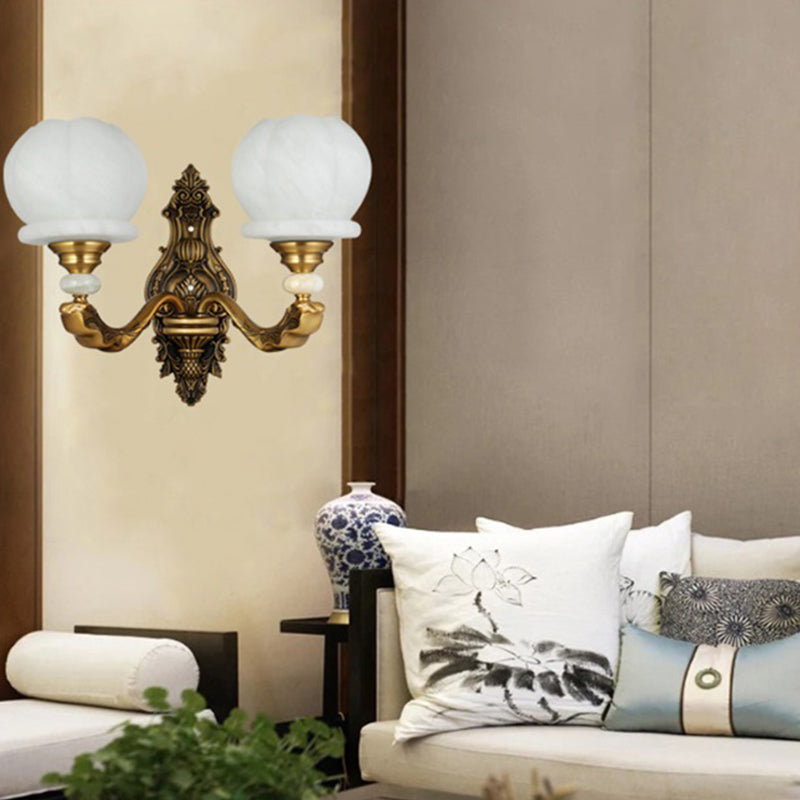 Cream Glass Global Wall Light Sconce Vintage Stylish 1/2-Bulb Living Room Wall Mount Lamp in Brass Clearhalo 'Wall Lamps & Sconces' 'Wall Lights' Lighting' 270360