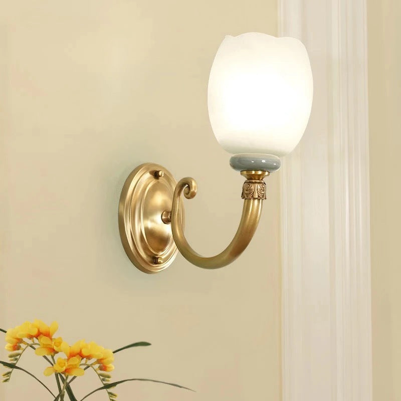 Opaline Glass Petal Wall Lamp Vintage Style 1/2-Light Living Room Sconce Light Fixture in Brass Clearhalo 'Wall Lamps & Sconces' 'Wall Lights' Lighting' 270376