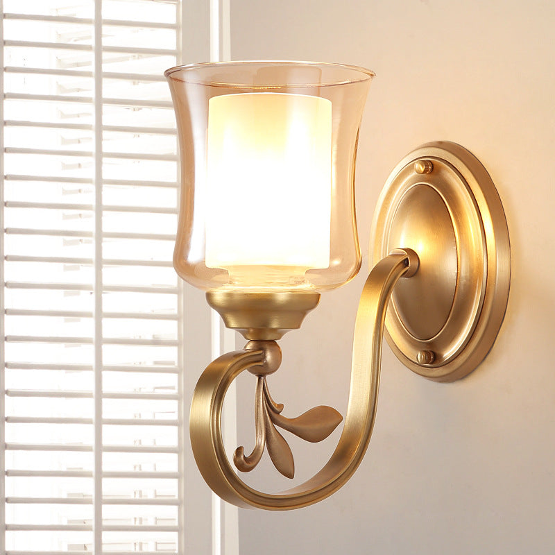 Amber Glass Bell Wall Mounted Lamp Vintage 1/2-Bulb Foyer Brass Finish Sconce Lighting with Inner Cylinder Shade Clearhalo 'Wall Lamps & Sconces' 'Wall Lights' Lighting' 270394