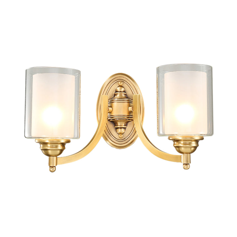 Cylindrical Indoor Wall Sconce Lighting Modern Style Double Glass 1/2-Head Brass Finish Wall Lamp for Bedroom Clearhalo 'Wall Lamps & Sconces' 'Wall Lights' Lighting' 270446