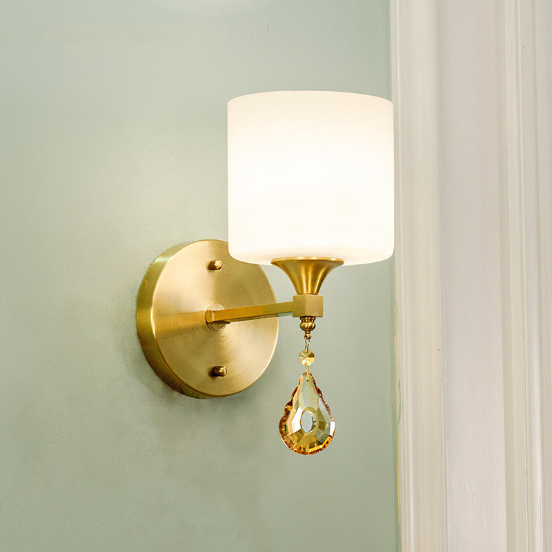 Drum Shade Hallway Wall Sconce Modern Style Milk Glass 1/2-Bulb Brass Finish Wall Lamp with Amber Crystal Draping Clearhalo 'Wall Lamps & Sconces' 'Wall Lights' Lighting' 270471