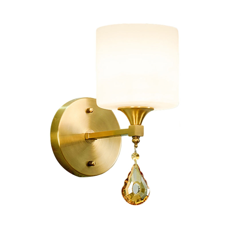 Drum Shade Hallway Wall Sconce Modern Style Milk Glass 1/2-Bulb Brass Finish Wall Lamp with Amber Crystal Draping Clearhalo 'Wall Lamps & Sconces' 'Wall Lights' Lighting' 270473