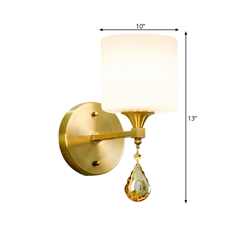 Drum Shade Hallway Wall Sconce Modern Style Milk Glass 1/2-Bulb Brass Finish Wall Lamp with Amber Crystal Draping Clearhalo 'Wall Lamps & Sconces' 'Wall Lights' Lighting' 270474