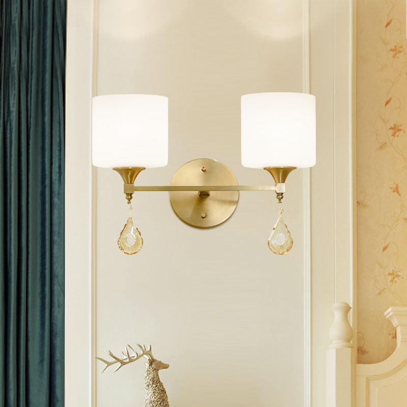 Drum Shade Hallway Wall Sconce Modern Style Milk Glass 1/2-Bulb Brass Finish Wall Lamp with Amber Crystal Draping Clearhalo 'Wall Lamps & Sconces' 'Wall Lights' Lighting' 270476