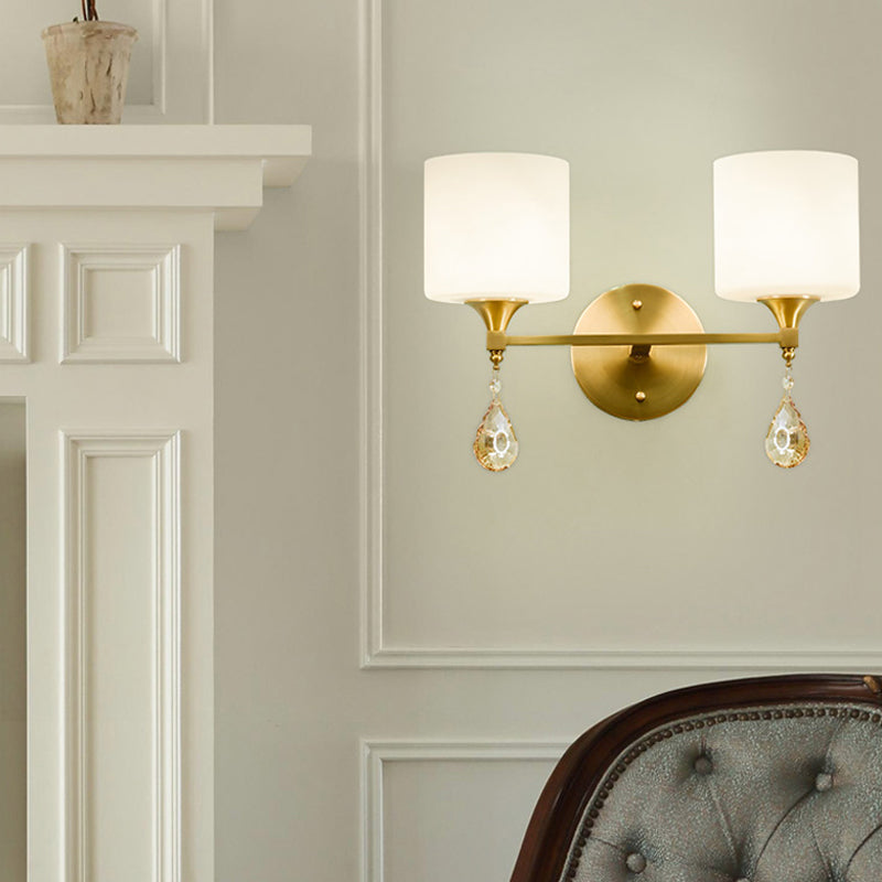 Drum Shade Hallway Wall Sconce Modern Style Milk Glass 1/2-Bulb Brass Finish Wall Lamp with Amber Crystal Draping Clearhalo 'Wall Lamps & Sconces' 'Wall Lights' Lighting' 270477