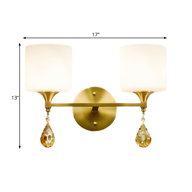 Drum Shade Hallway Wall Sconce Modern Style Milk Glass 1/2-Bulb Brass Finish Wall Lamp with Amber Crystal Draping Clearhalo 'Wall Lamps & Sconces' 'Wall Lights' Lighting' 270479