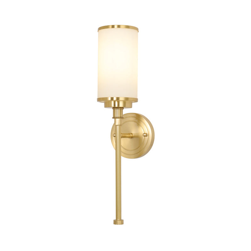 Brass Finish 1/2-Bulb Wall Lamp Modernism Style Frosted Glass Cylinder Wall Mount Light with Pencil Arm Clearhalo 'Wall Lamps & Sconces' 'Wall Lights' Lighting' 270503