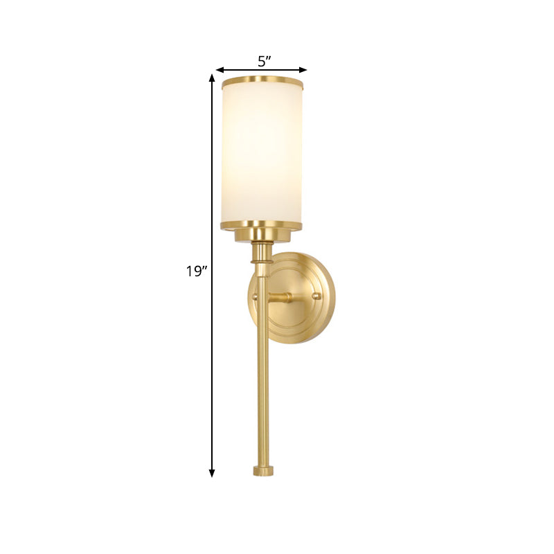 Brass Finish 1/2-Bulb Wall Lamp Modernism Style Frosted Glass Cylinder Wall Mount Light with Pencil Arm Clearhalo 'Wall Lamps & Sconces' 'Wall Lights' Lighting' 270504