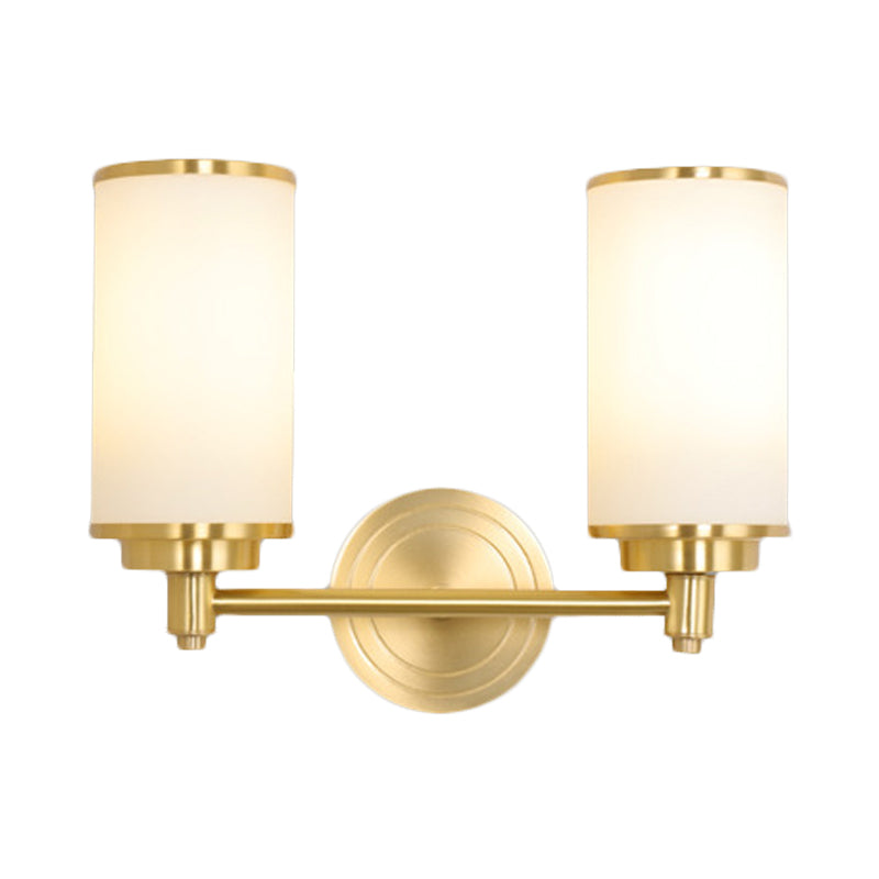 Brass Finish 1/2-Bulb Wall Lamp Modernism Style Frosted Glass Cylinder Wall Mount Light with Pencil Arm Clearhalo 'Wall Lamps & Sconces' 'Wall Lights' Lighting' 270508