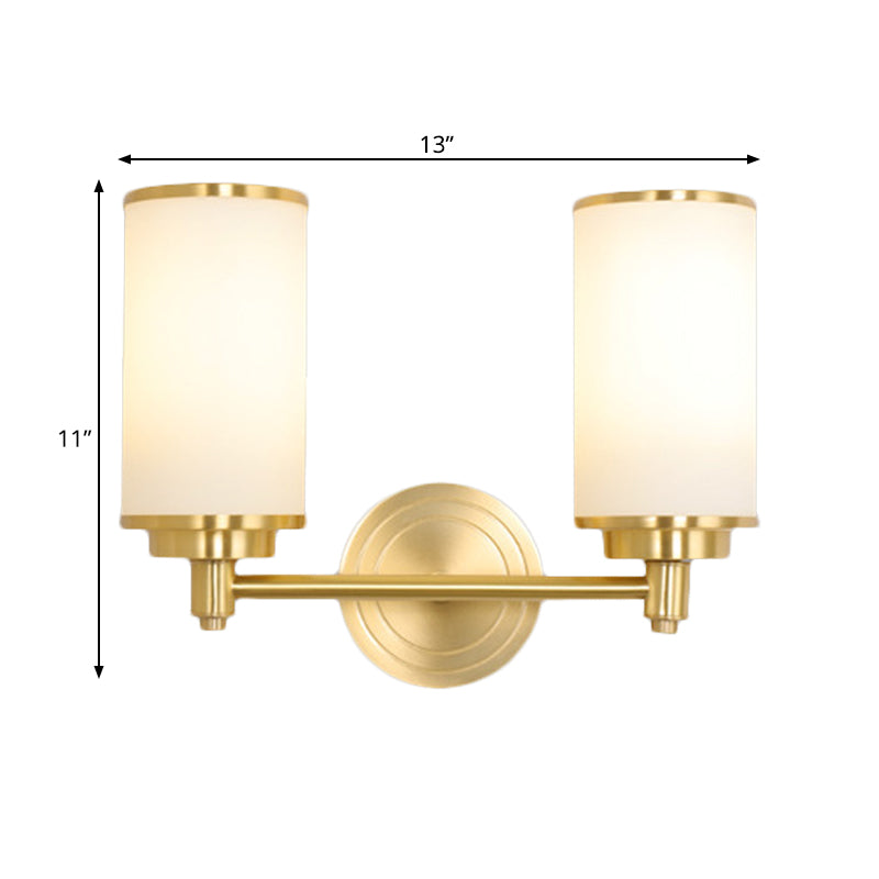 Brass Finish 1/2-Bulb Wall Lamp Modernism Style Frosted Glass Cylinder Wall Mount Light with Pencil Arm Clearhalo 'Wall Lamps & Sconces' 'Wall Lights' Lighting' 270509