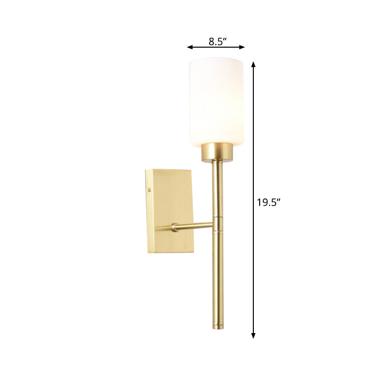 Cylinder Bedroom Wall Light Sconce Modernist Style White Glass 1/2-Head Brass Finish Wall Lamp with Pencil Arm Clearhalo 'Wall Lamps & Sconces' 'Wall Lights' Lighting' 270572