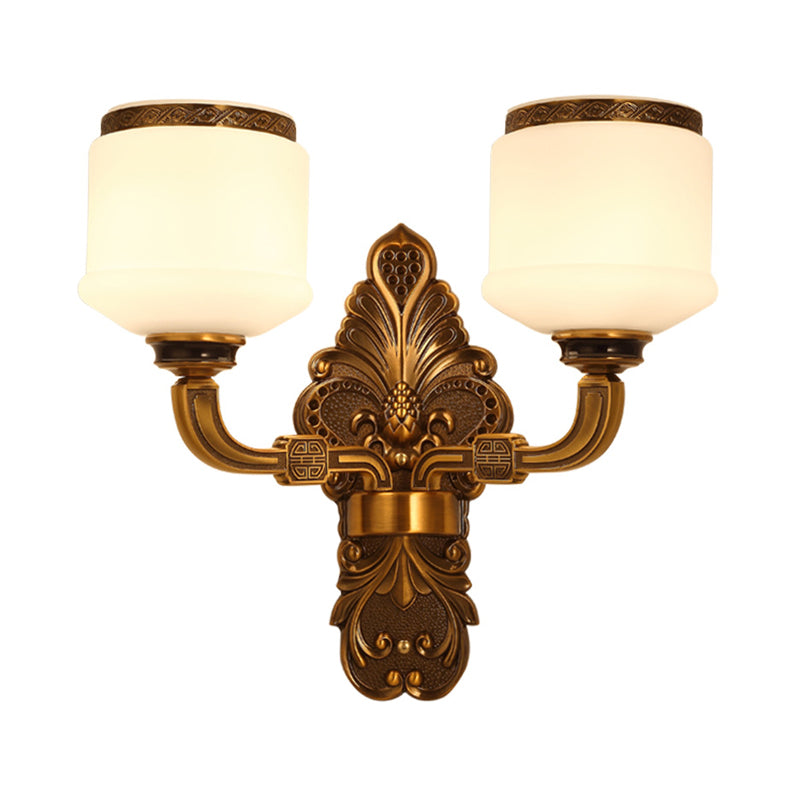 1/2-Light Wall Mount Lighting Vintage Style Drum Shade White Glass Wall Sconce Lamp in Brass Clearhalo 'Wall Lamps & Sconces' 'Wall Lights' Lighting' 270607