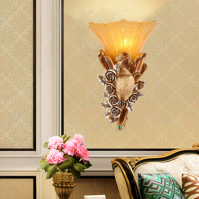Weatherproof Morning Glory Wall Sconce Colonial Style Embossed Glass 1 Bulb Outdoor Wall Lighting in Gold Gold Clearhalo 'Wall Lamps & Sconces' 'Wall Lights' Lighting' 271224