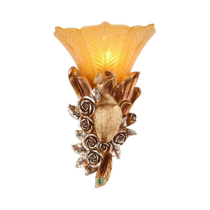 Weatherproof Morning Glory Wall Sconce Colonial Style Embossed Glass 1 Bulb Outdoor Wall Lighting in Gold Clearhalo 'Wall Lamps & Sconces' 'Wall Lights' Lighting' 271227