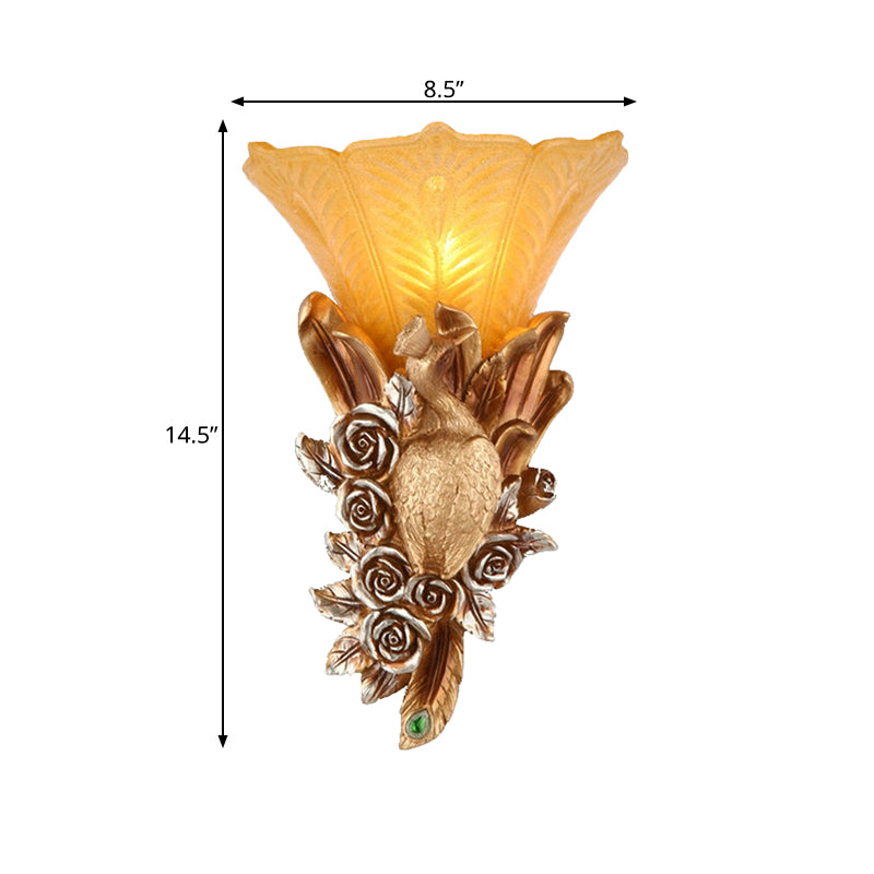 Weatherproof Morning Glory Wall Sconce Colonial Style Embossed Glass 1 Bulb Outdoor Wall Lighting in Gold Clearhalo 'Wall Lamps & Sconces' 'Wall Lights' Lighting' 271228