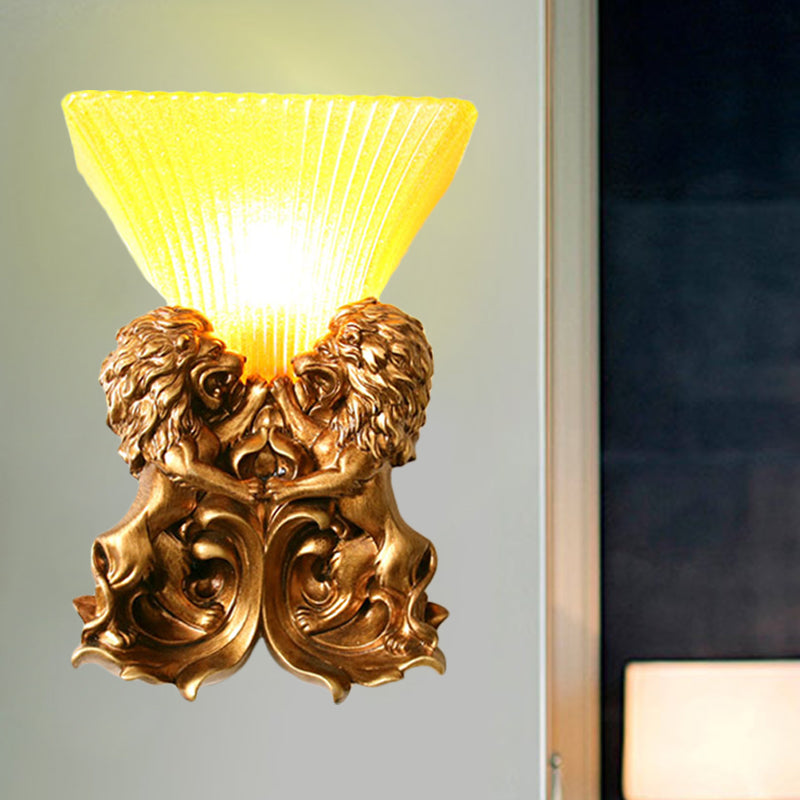 Vintage Flared Sconce Light 1 Light Yellow Ribbed Glass Wall Mounted Lamp with Brass Finish Resin Lion Clearhalo 'Wall Lamps & Sconces' 'Wall Lights' Lighting' 271236