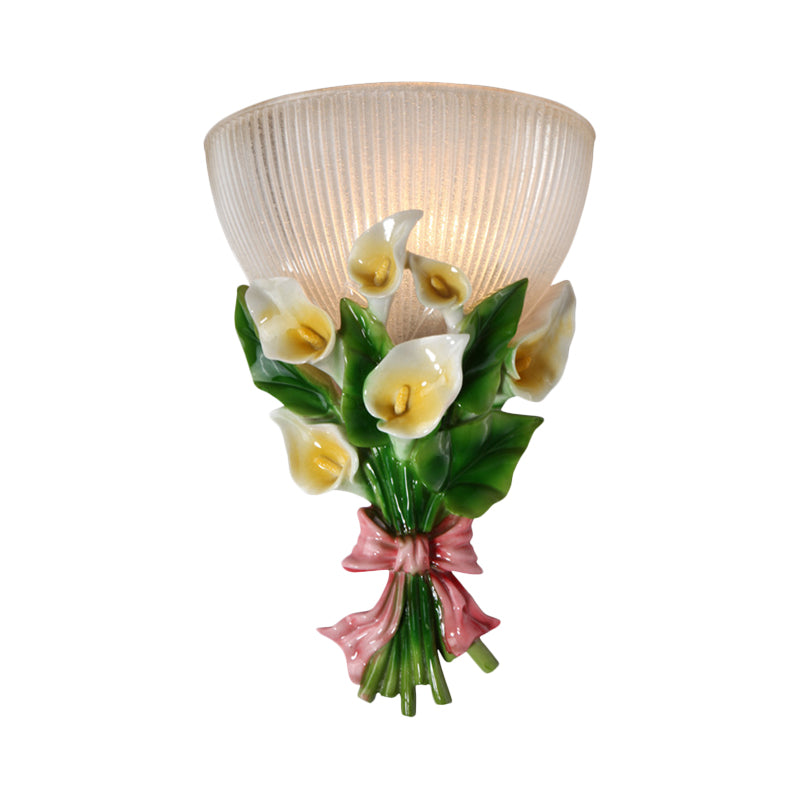 Dome Shape Wall Lamp Modern Stylish Ribbed Glass 1 Bulb White Sconce Lighting with Green Bouquet Detail Clearhalo 'Wall Lamps & Sconces' 'Wall Lights' Lighting' 271615