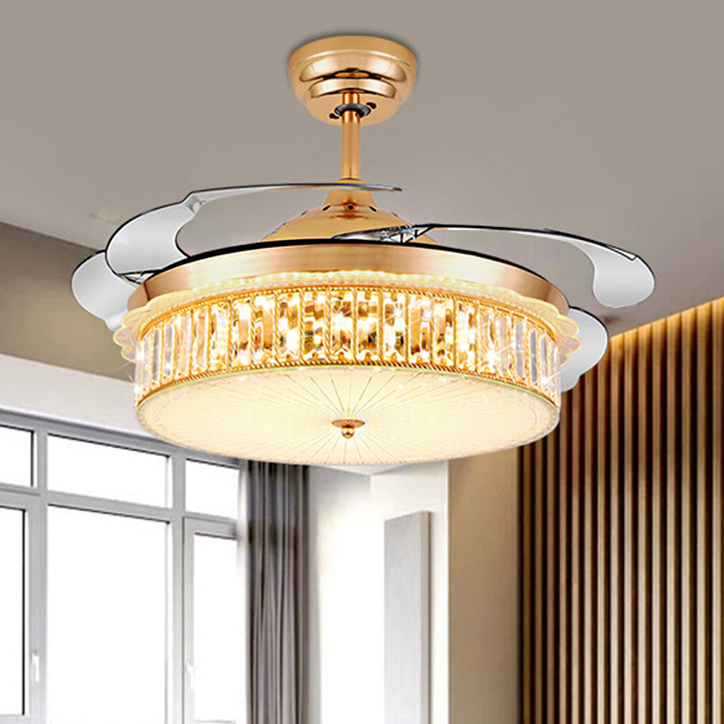 Drum Ceiling Fan Light Modernism Crystal Gold Led Flush Mount Light Fixture with 4 Blades, 36