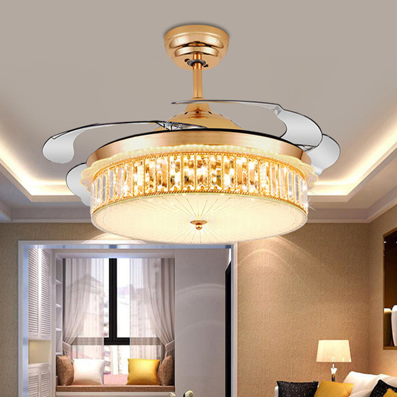 Drum Ceiling Fan Light Modernism Crystal Gold Led Flush Mount Light Fixture with 4 Blades, 36