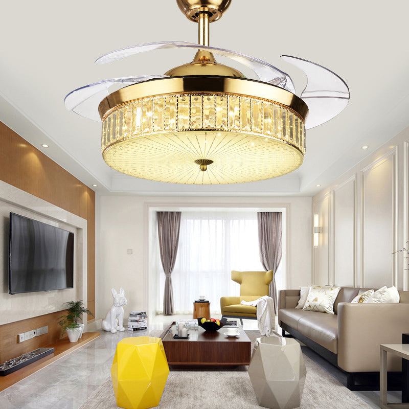 Drum Ceiling Fan Light Modernism Crystal Gold Led Flush Mount Light Fixture with 4 Blades, 36