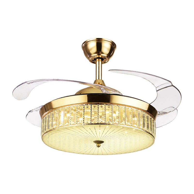 Drum Ceiling Fan Light Modernism Crystal Gold Led Flush Mount Light Fixture with 4 Blades, 36