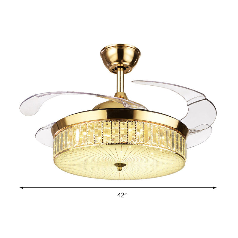 Drum Ceiling Fan Light Modernism Crystal Gold Led Flush Mount Light Fixture with 4 Blades, 36