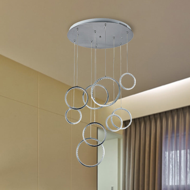 Circle Crystal Cluster Pendant Light Minimalist 9 Lights Nickel Hanging Lamp Kit in Warm Light Nickel Clearhalo 'Ceiling Lights' 'Modern Pendants' 'Modern' 'Pendant Lights' 'Pendants' Lighting' 272468